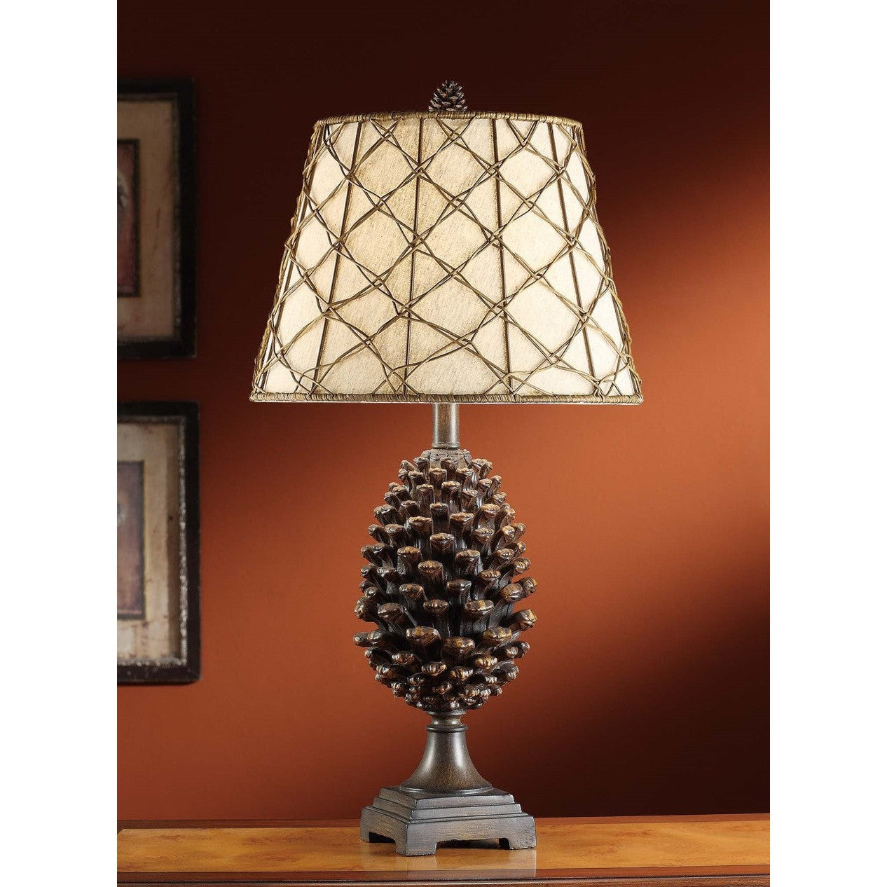 Crestview Collection Pine Bluff 30" Rustic Resin Table Lamp In Natural Pine Cone Finish With Rattan Over Oatmeal Linen Fabric