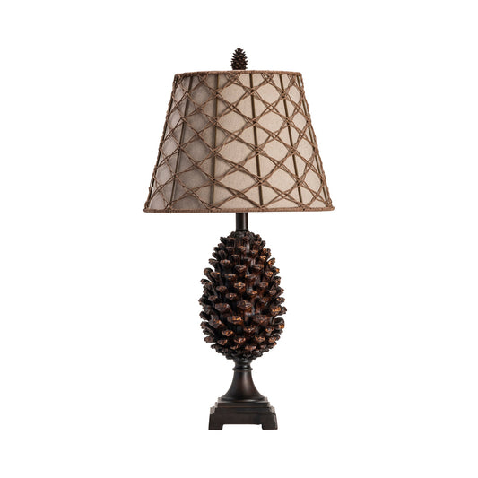 Crestview Collection Pine Bluff 30" Rustic Resin Table Lamp In Natural Pine Cone Finish With Rattan Over Oatmeal Linen Fabric