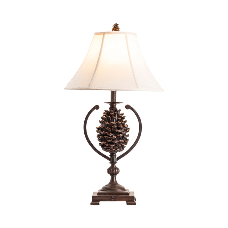 Crestview Collection Pine Creek 31" Rustic Resin Accent Lamp In Natural Pine Cone Finish With Gold Faux Silk Shade