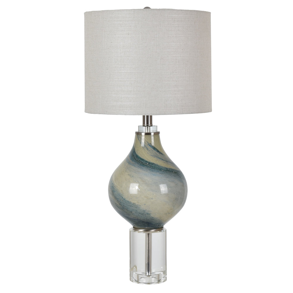 Crestview Collection Piper 28" Transitional Glass And Crystal Table Lamp In Aqua And Crystal Finish With Off White Linen Drum Shade