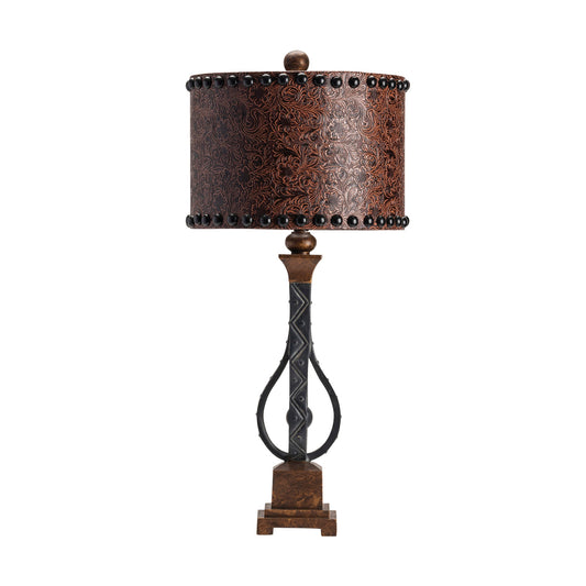Crestview Collection Rambler 34" Rustic Resin Table Lamp In Antique Iron Finish With Embossed Brown Leather Shade With Nail Head Trim