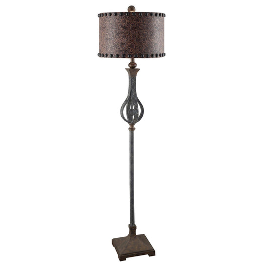 Crestview Collection Rambler 66" Rustic Resin Floor Lamp In Antique Iron Finish With Brown Embossed Leather Shade With Nail Head Trim