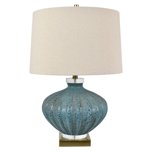 Crestview Collection Reeves 29" Transitional Glass And Metal Table Lamp In Turquoise Volcanic And Antique Brass Finish With Natural Linen Tapered Shade