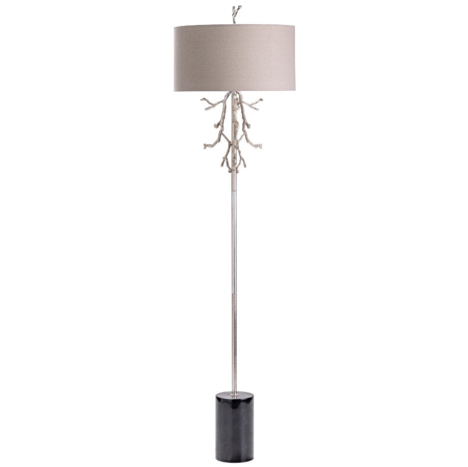 Crestview Collection Rowan 69" Transitional Metal And Marble Floor Lamp In Gilded Silver And Black Marble Finish With Pale Grey Linen Drum Shade