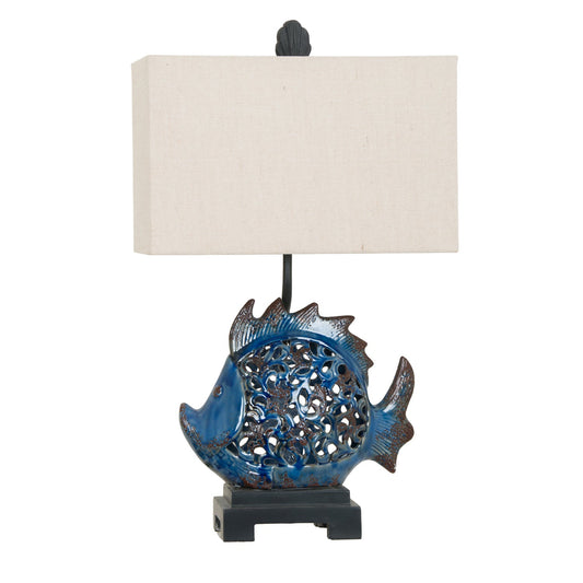 Crestview Collection Scales 27" Coastal Ceramic And Resin Table Lamp In Dark Turquoise Blue Ceramic Finish With Natural Linen Shade And Night Light
