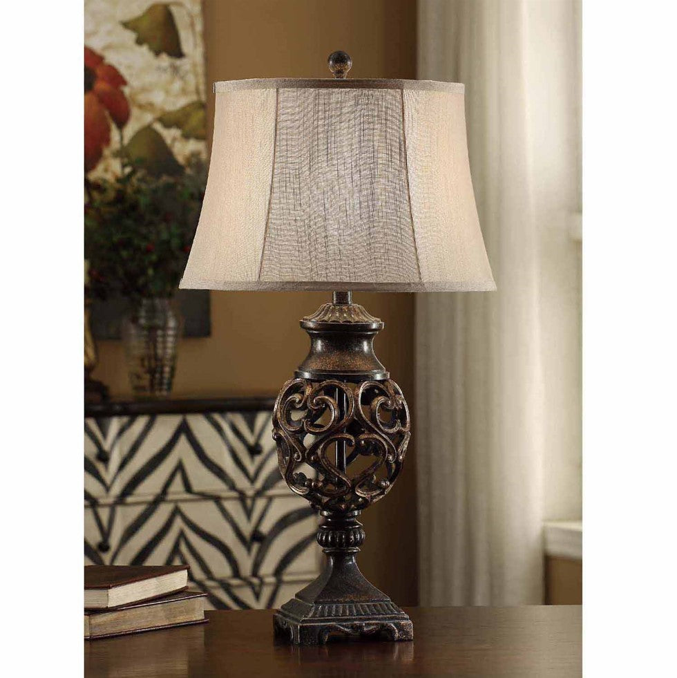 Crestview Collection Scrolled 31" Rustic Iron Iron Table Lamp In Resin Silver And Bronze Finish With Faux Silk Shade