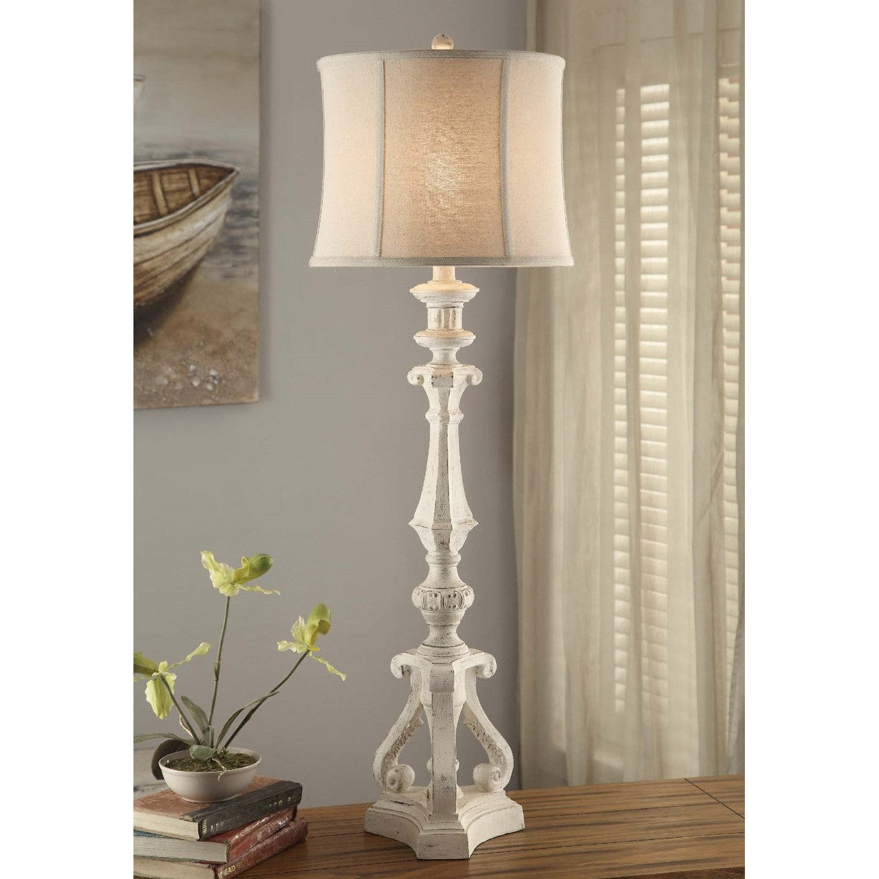 Crestview Collection Serenity 48" Traditional Resin Table Lamp In White Wash Finish With Natural Linen Shade