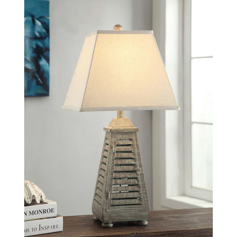 Crestview Collection Shutter Tower 29" Coastal Resin Table Lamp In Antique Grey Wash Finish With Natural Linen Shade