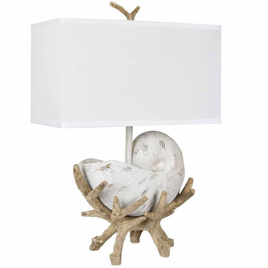 Crestview Collection Sleeping Shell 27" Coastal Resin Table Lamp In Antique White And Rusty Wood Finish With Rectangle White Linen Shade