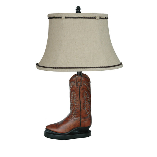 Crestview Collection Stetson 27" Rustic Resin Stitch Cowboy Boot Table Lamp In Saddle Tan Finish With Braiden Trim Natural Linen Shade