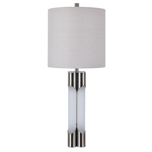 Crestview Collection Thatcher 32" Modern Crystal And Steel Table Lamp In Sandblasted And Brushed Stainless Finish With Cylinder Silver Linen Shade