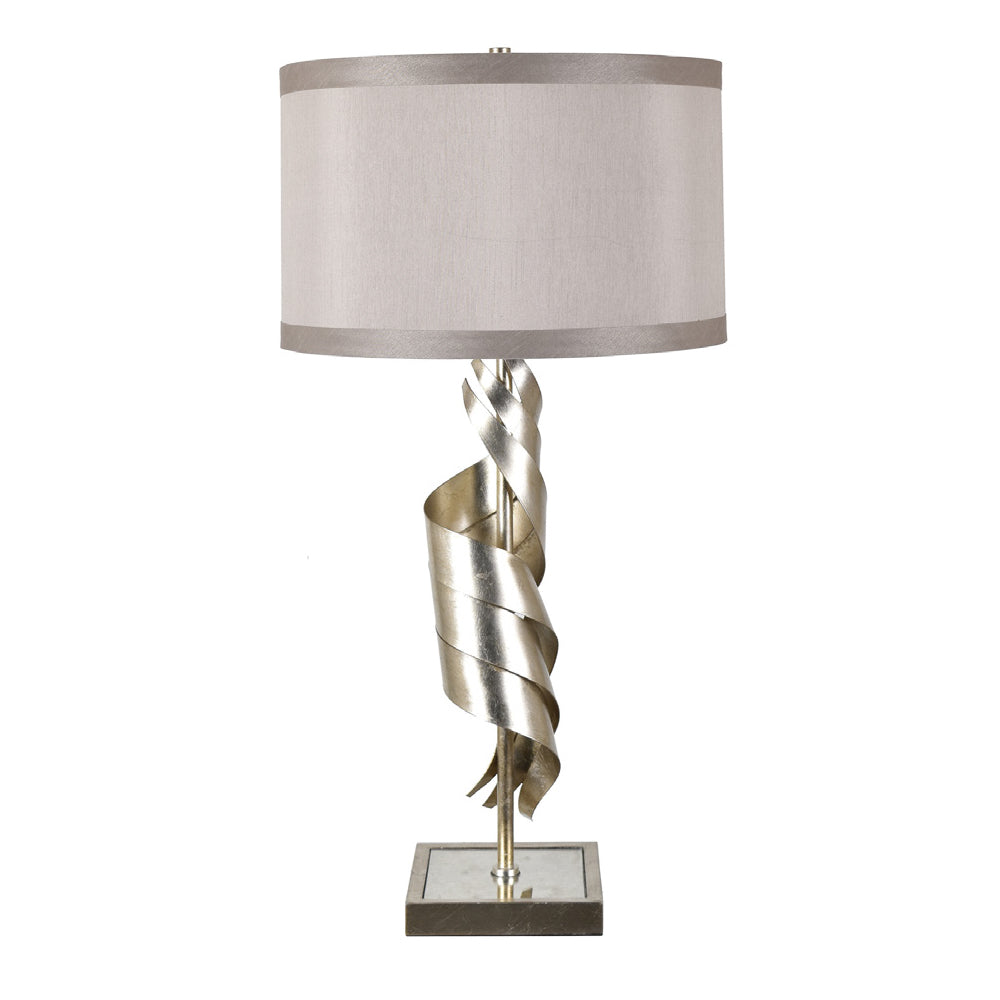 Crestview Collection Thea 32" Transitional Steel And Mirror Triple Swirl Table Lamp In Silver Leaf And Antique Mirror With Champagne Faux Silk Shade