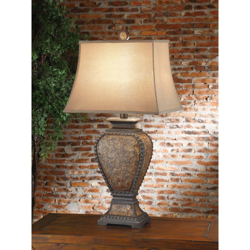 Crestview Collection Tooled 32" Rustic Resin Leather Table Lamp In Tooled Leather Finish With Tan Linen Shade