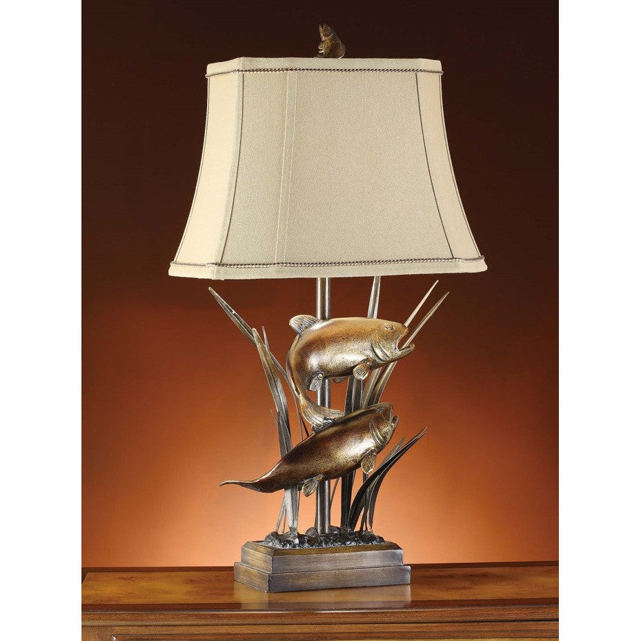 Crestview Collection Upstream 32" Rustic Resin Table Lamp In Bronze Patina And Wood Finish With Willa Beige Fabric Rectangle Shade