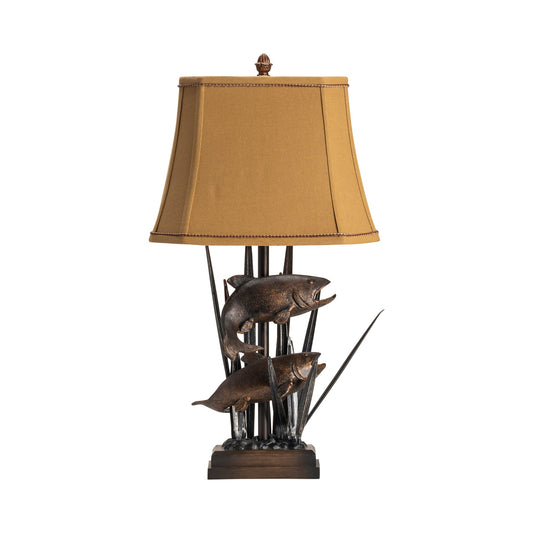 Crestview Collection Upstream 32" Rustic Resin Table Lamp In Bronze Patina And Wood Finish With Willa Beige Fabric Rectangle Shade