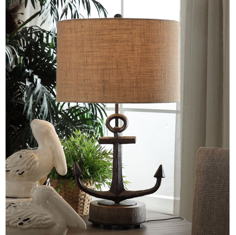 Crestview Collection Warf Anchor 27" Rustic Metal And Resin Table Lamp In Anchor Black Finish With Burlap Shade