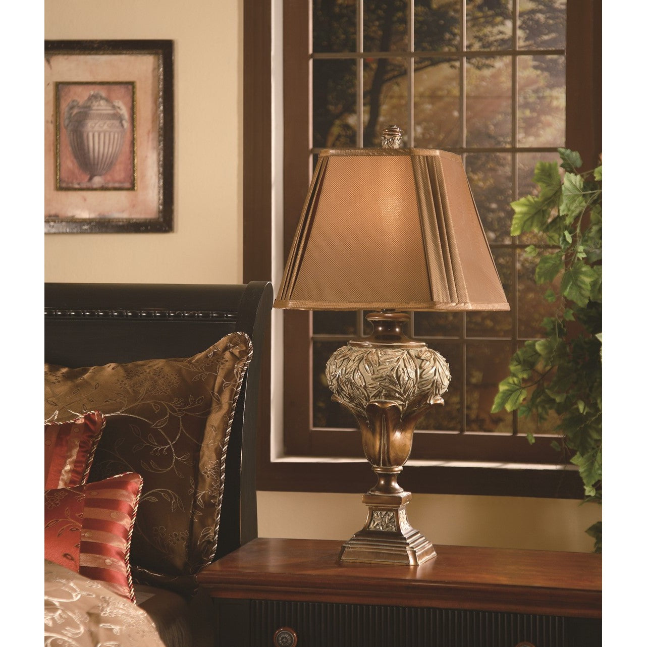 Crestview Collection Wingate 32" Traditional Resin Table Lamp In Brushed Umber Finish With Square Pleated Dark Gold Cut Corner Shade
