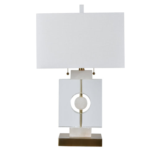 Crestview Collection Yates 26" Transitional Alabaster Crystal And Metal Table Lamp In Alabaster And Antique Brass Finish With Off White Rectangular Linen Shade