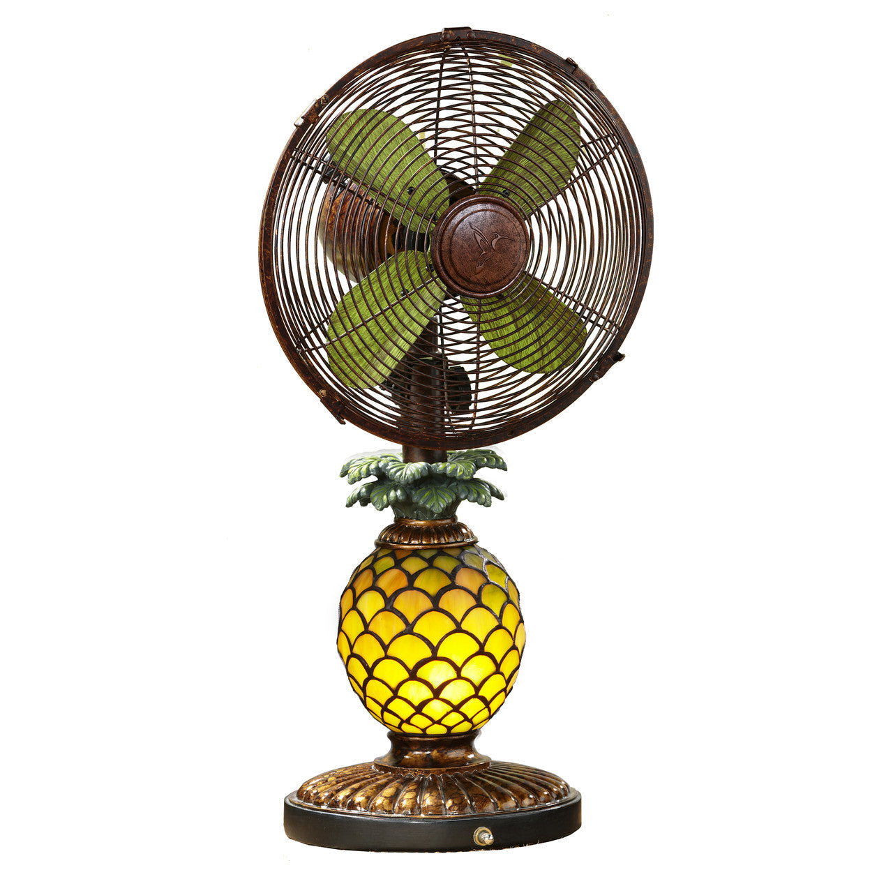 Deco Breeze 23" Brown & Green Pedestal Table Fan With Mosaic Glass Pineapple Lamp