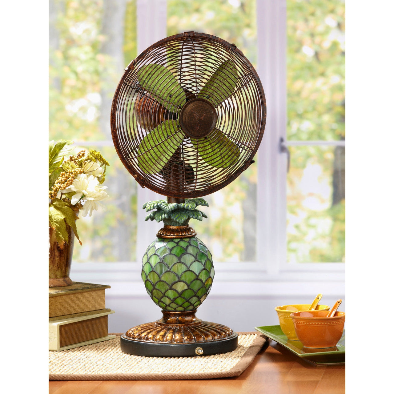 Deco Breeze 23" Brown & Green Pedestal Table Fan With Mosaic Glass Pineapple Lamp