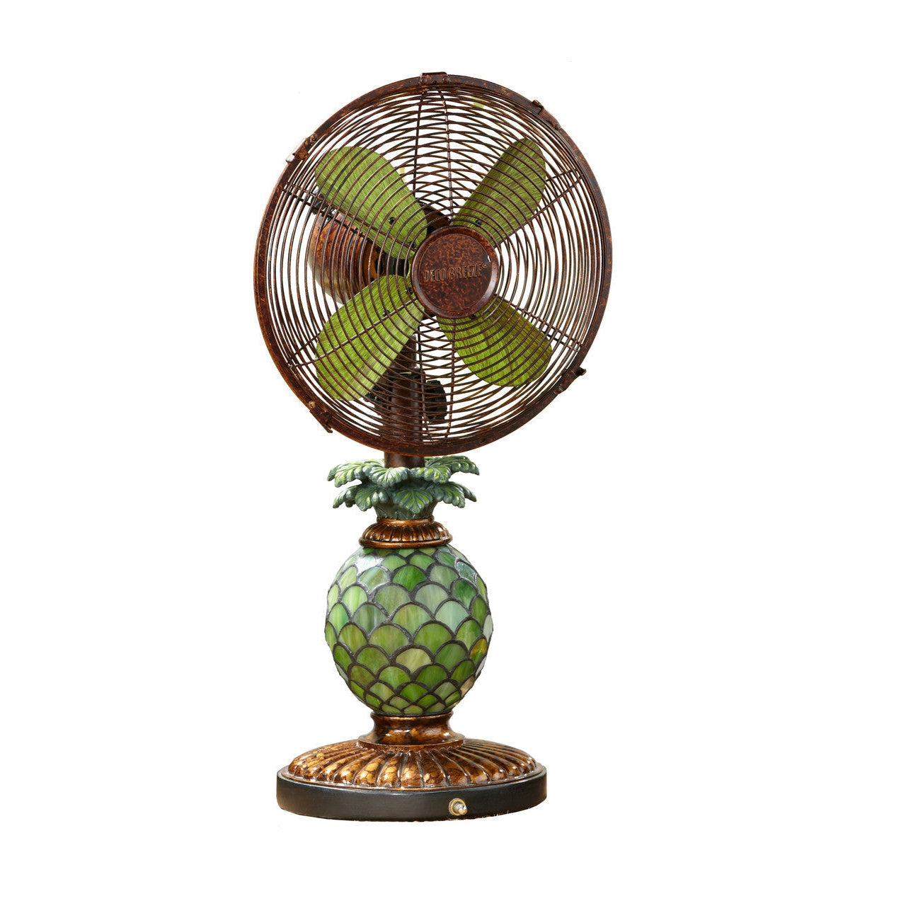 Deco Breeze 23" Brown & Green Pedestal Table Fan With Mosaic Glass Pineapple Lamp