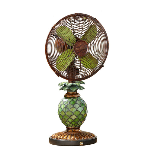 Deco Breeze 23" Brown & Green Pedestal Table Fan With Mosaic Glass Pineapple Lamp