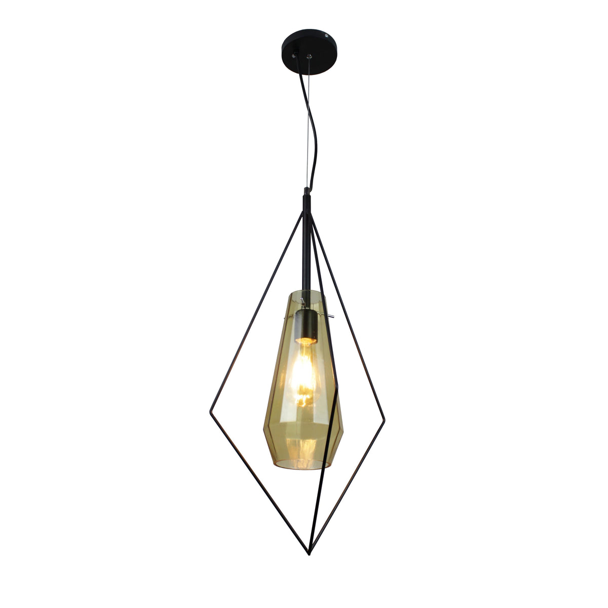 EQ Light Itzia 13" Black Rhombus Pendant Light With Amber Glass Shade