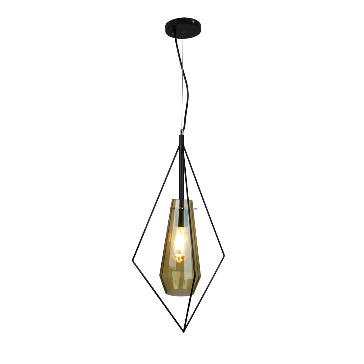 EQ Light Itzia 13" Black Rhombus Pendant Light With Amber Glass Shade