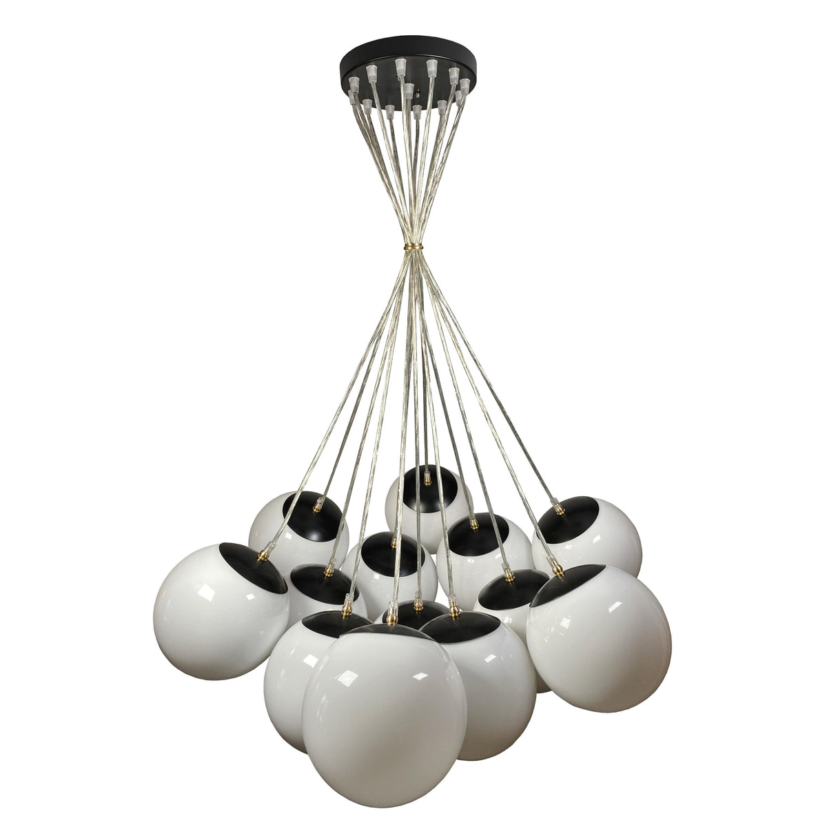 EQ Light Multi Pendant 34" Black & Brass 13-Light Chandelier With White Globe Cloud Shades