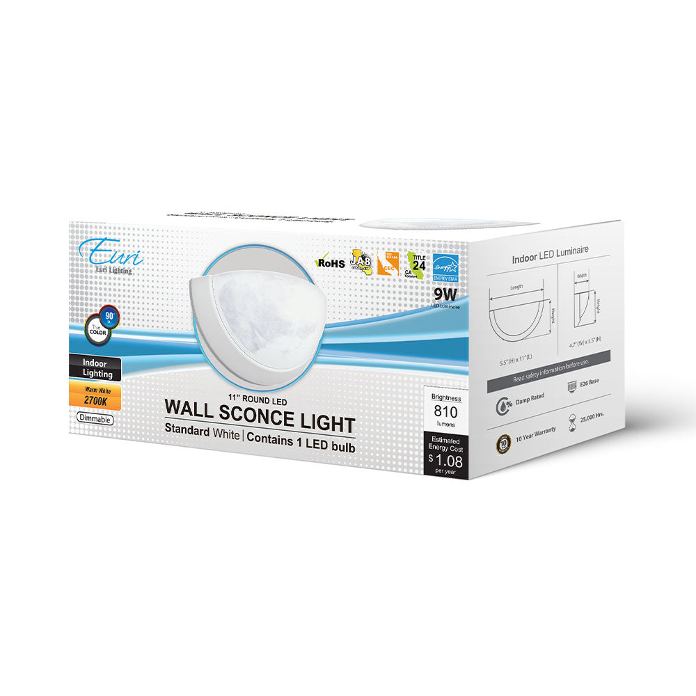 Euri Lighting 11" Dimmable Brushed Nickel Bezel Housing Wall Sconce With Acid Etched Glass Lens