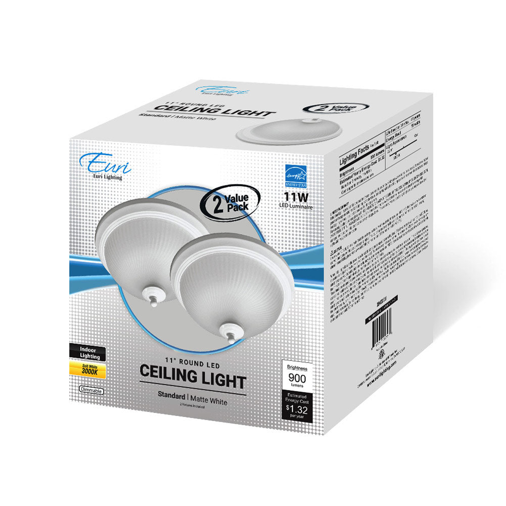 Euri Lighting 11" Dimmable Matte White Bezel & Acid-Etched Glass Lens 2-Piece Ceiling Light Value Pack