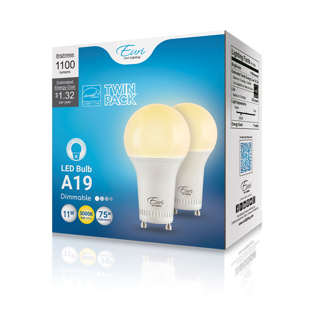 Euri Lighting 11W Dimmable Omni-Directional 3000K LED 2-Piece Light Bulb Value Pack