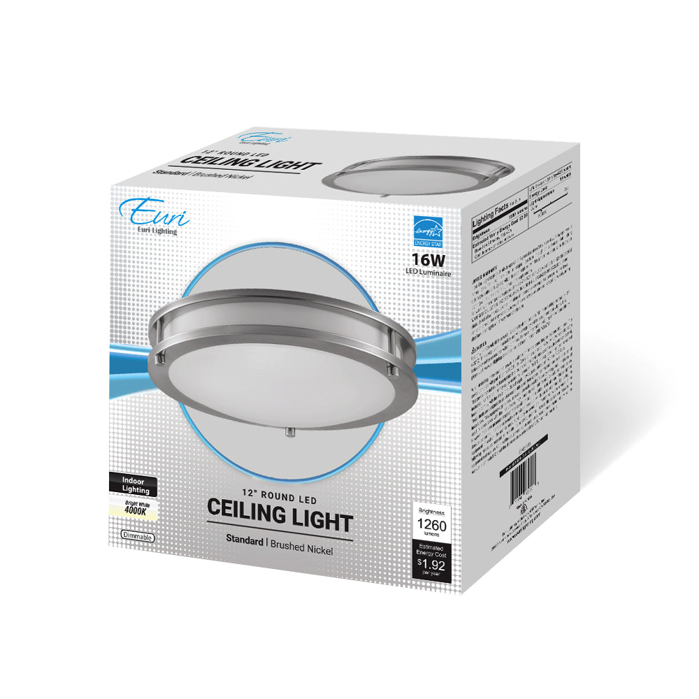 Euri Lighting 12" Dimmable Brushed Nickel Double Ringed Recessed Ceiling Light With Frosted Plastic Lens