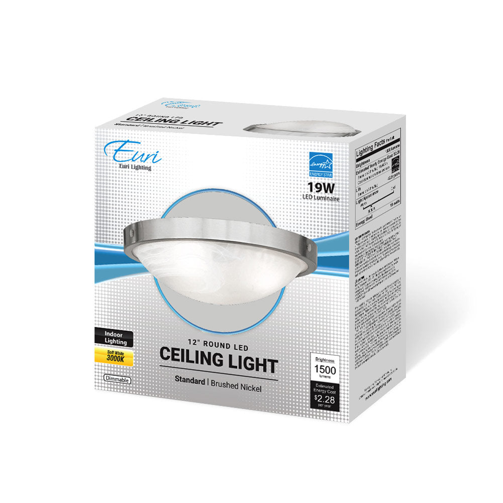 Euri Lighting 12" x 3" Dimmable Brushed Nickel Bezel Ceiling Light With Alabaster Glass Lens