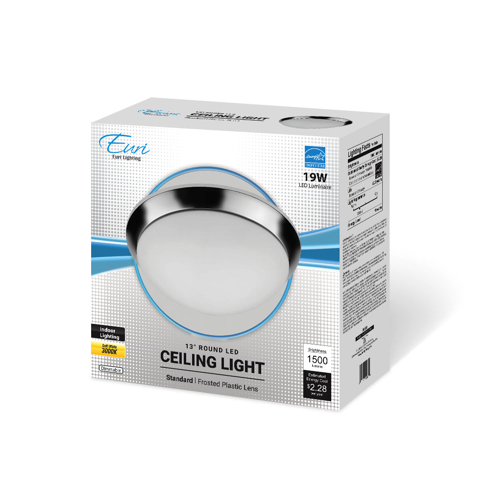 Euri Lighting 13" Dimmable Chrome Bezel Ceiling Light With Frosted Glass Lens