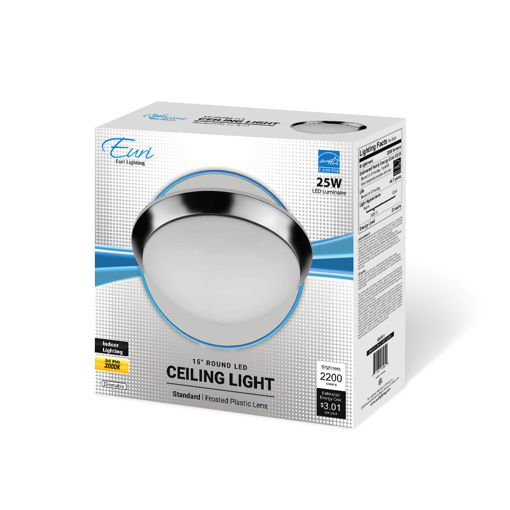 Euri Lighting 15" Dimmable Chrome Bezel Ceiling Light With Frosted Glass Lens