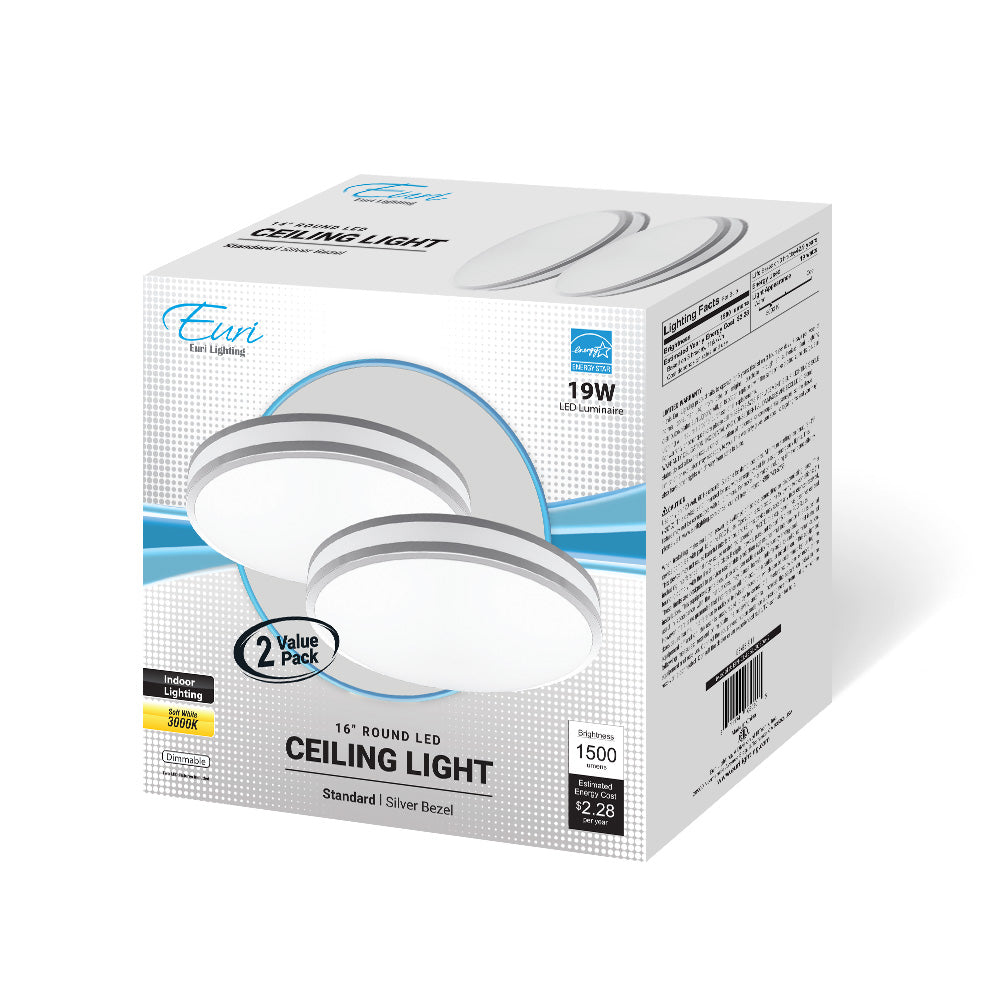 Euri Lighting 16" Dimmable Silver Bezel & Frosted Plastic Lens 2-Piece Ceiling Light Value Pack