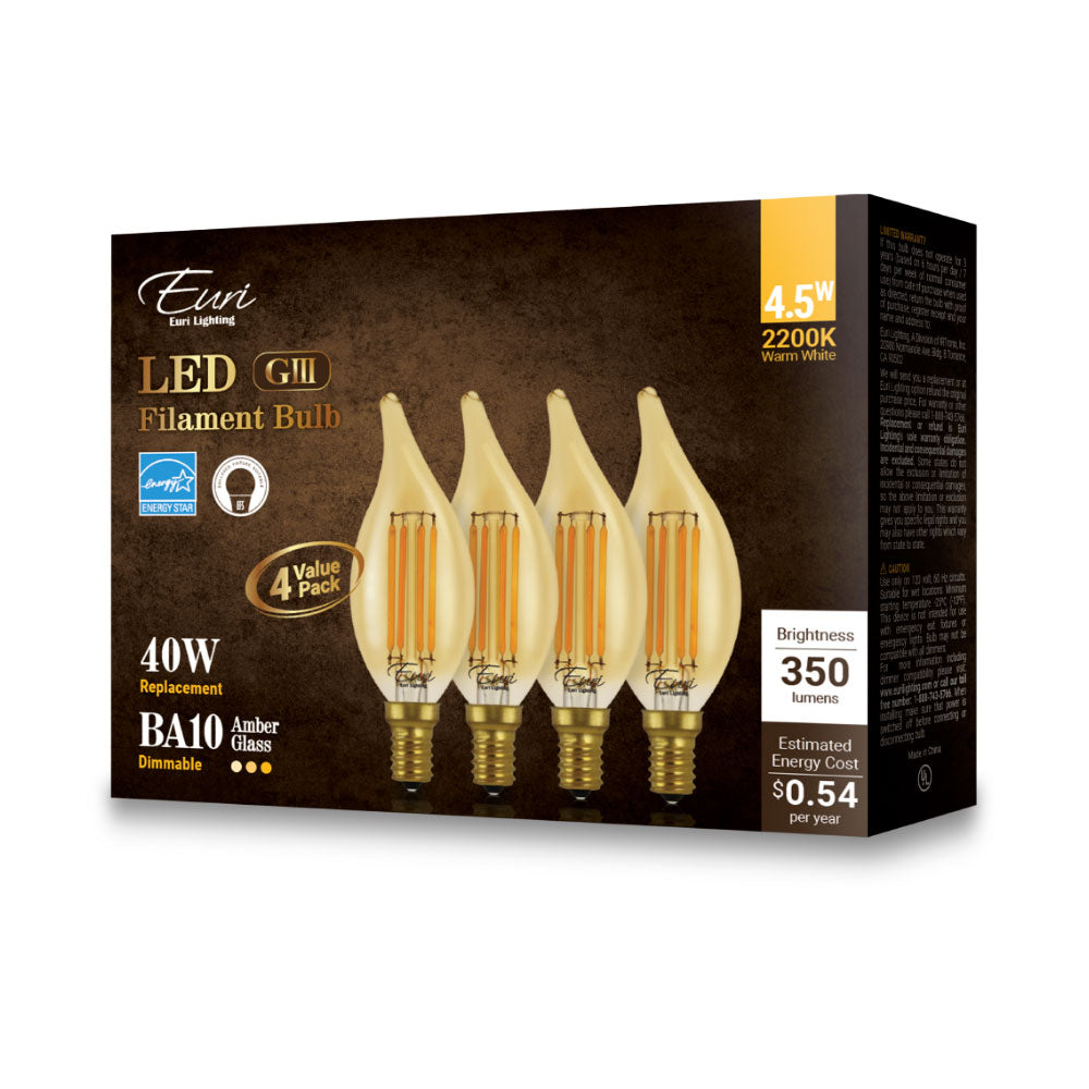 Euri Lighting 5W Omni-Directional Dimmable 2200K Angular Candle Shape LED 4-Piece Filament Bulb Value Pack With Amber Glass Body