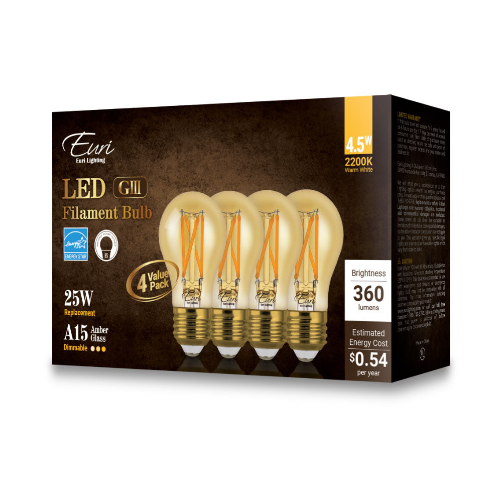 Euri Lighting 5W Omni-Directional Dimmable 2200K LED 4-Piece Filament Bulb Value Pack With Amber Glass Body