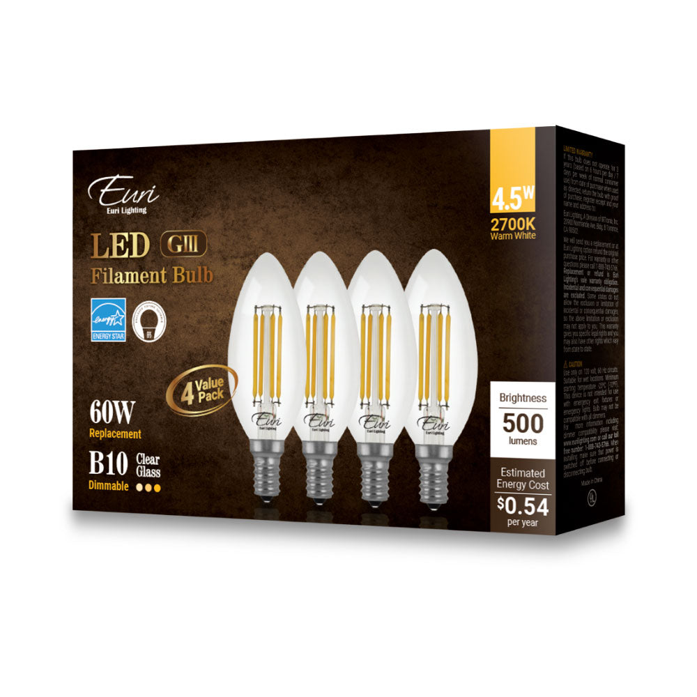 Euri Lighting 5W Omni-Directional Dimmable 2700K Candle Shape LED 4-Piece Filament Bulb Value Pack With Clear Glass Body