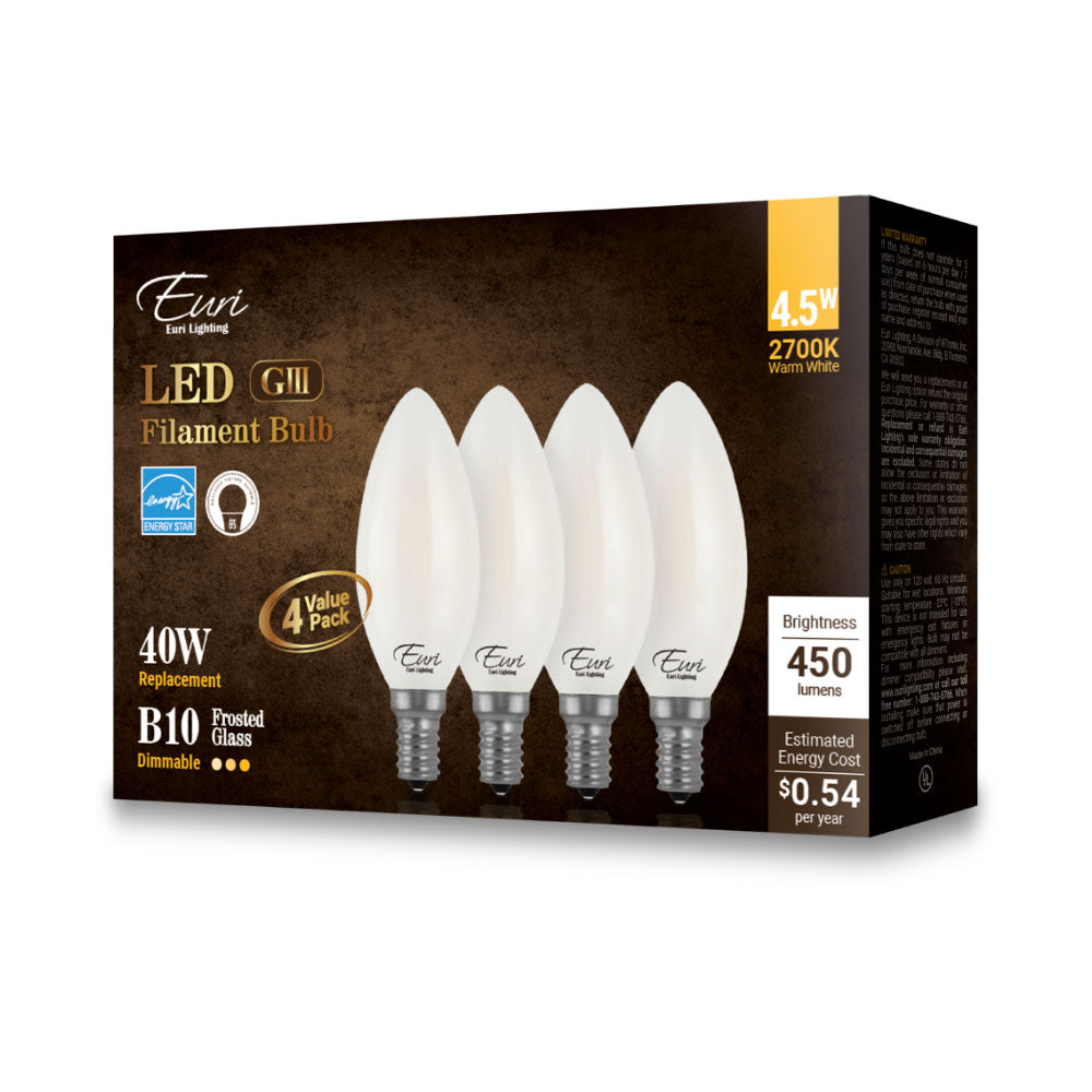 Euri Lighting 5W Omni-Directional Dimmable 2700K Candle Shape LED 4-Piece Filament Bulb Value Pack With Frosted Glass Body