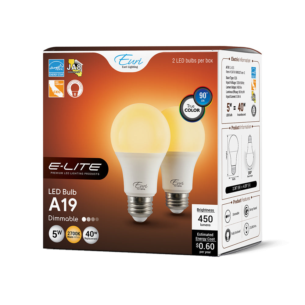Euri Lighting 5W Omni-Directional Dimmable 2700K LED Bulb 2-Piece Value Pack