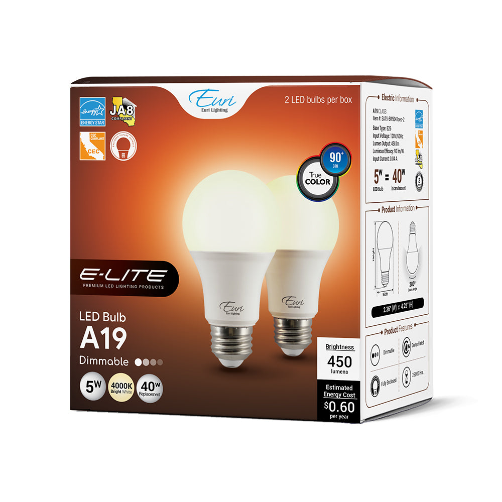 Euri Lighting 5W Omni-Directional Dimmable 4000K LED Bulb 2-Piece Value Pack
