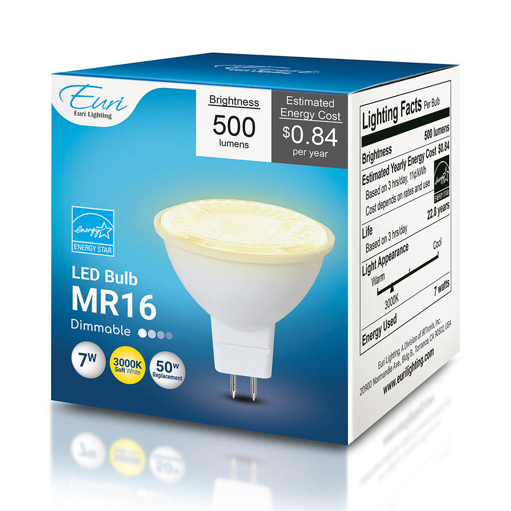 Euri Lighting 7W Dimmable 3000K LED Flood Bulb With GU5.3 Base