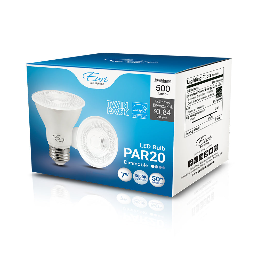 Euri Lighting 7W Dimmable 5000K Halogen Look LED 2-Piece Wide Spot Bulb Value Pack