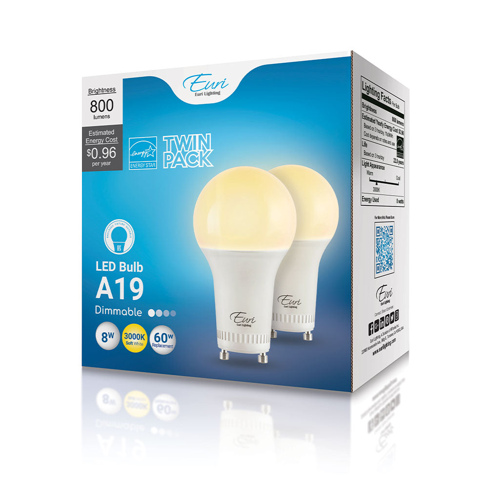 Euri Lighting 8W Dimmable Omni-Directional 3000K LED 2-Piece Light Bulb Value Pack