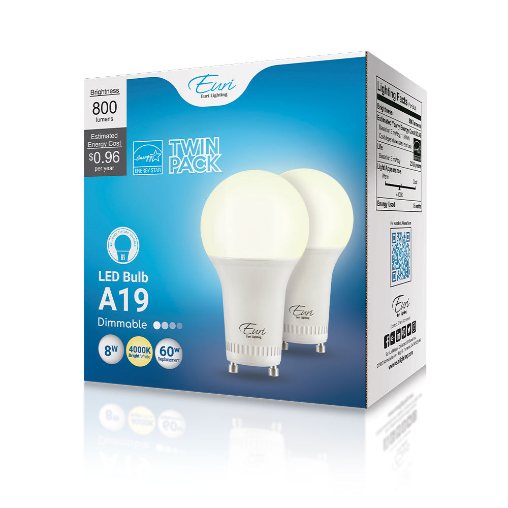 Euri Lighting 8W Dimmable Omni-Directional 4000K LED 2-Piece Light Bulb Value Pack