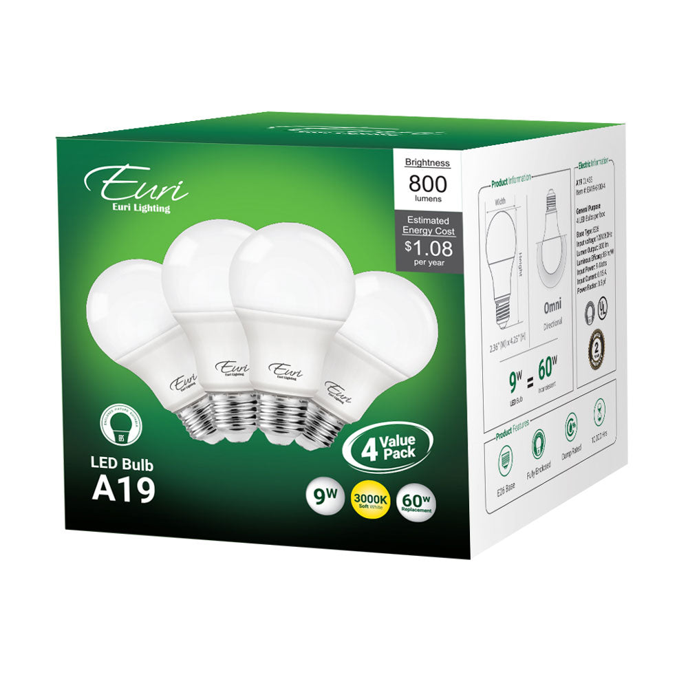 Euri Lighting 9W Omni-Directional 3000K LED 4-Piece Light Bulb Value Pack