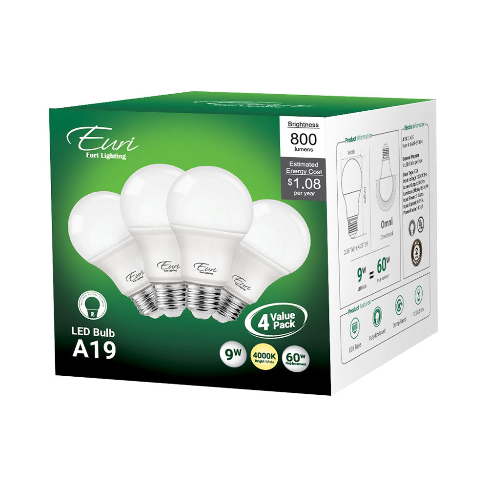 Euri Lighting 9W Omni-Directional 4000K LED 4-Piece Light Bulb Value Pack