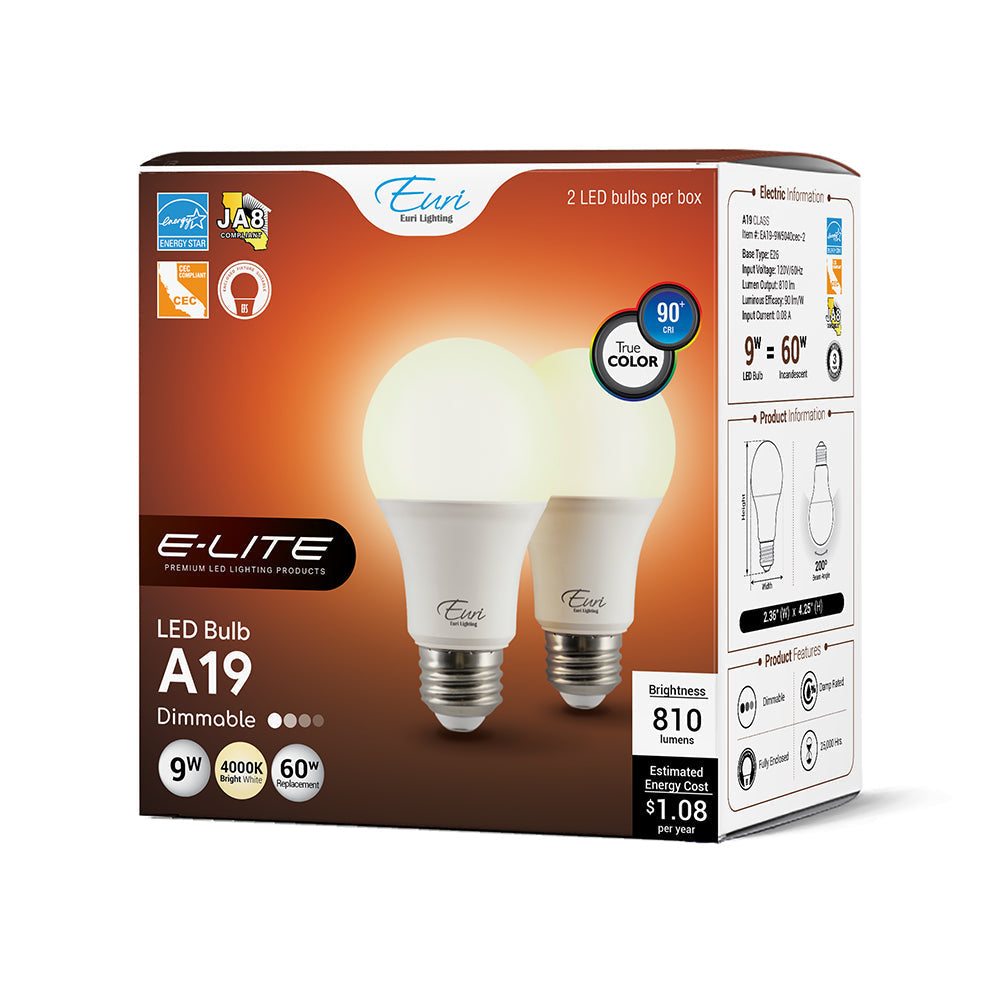 Euri Lighting 9W Omni-Directional Dimmable 4000K LED Bulb 2-Piece Value Pack